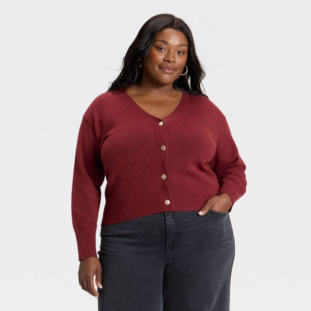 Women's Button-Front Cardigan Sweater - Ava & Viv Burgundy 3X